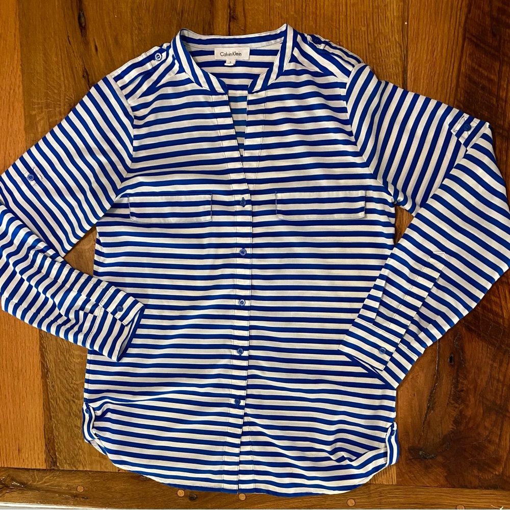 Calvin Klein Cobalt Blue and White Striped Button Front V-Neck Top, Size Small